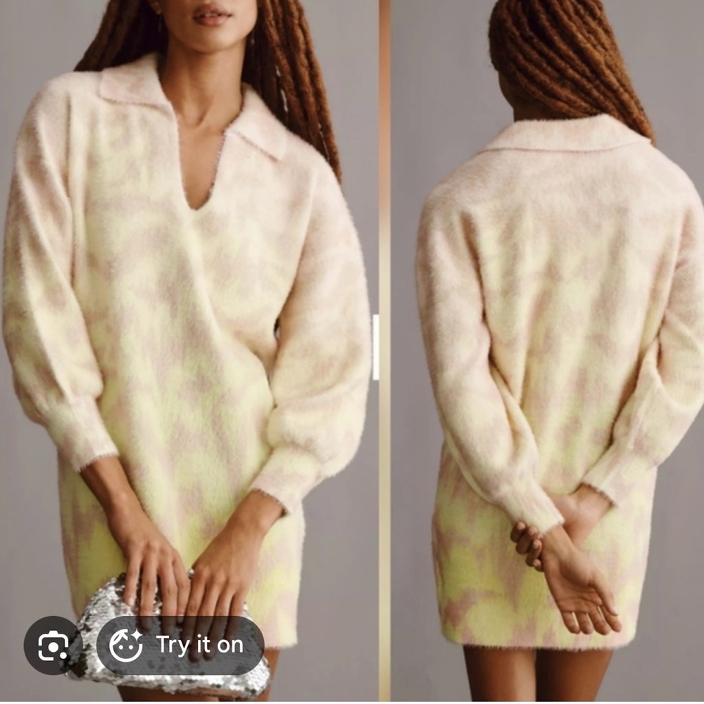 Anthropologie V-Neck Sweater Dress in Cream and Yellow
